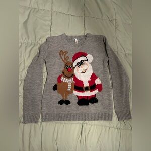 Festive Gray Sweater with Santa and Reindeer
